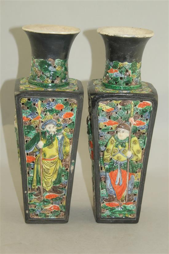 A pair of Chinese glazed biscuit porcelain double walled vases, 19th century, 29cm, one neck restored